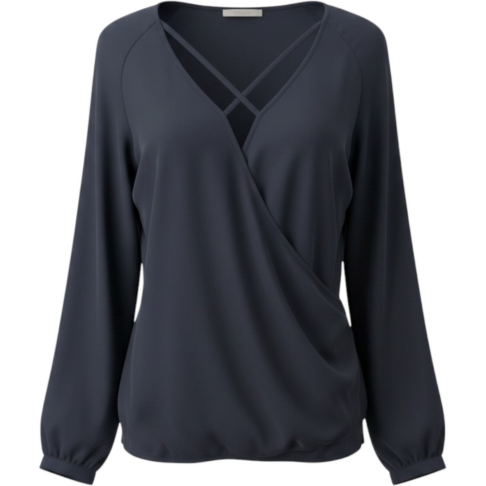 Belle Sky Black Blouse Criss Cross V-Neck Wrap Front Long Sleeve Career Medium